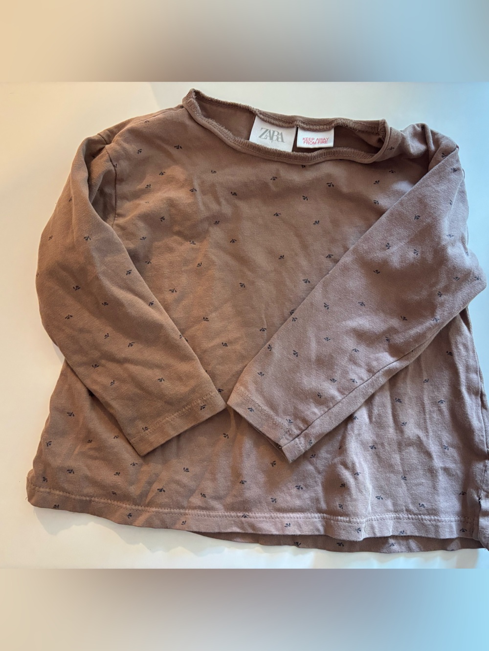 Zara Dusty Rose Brown Long Sleeve Top with Tiny Dark Dot Print